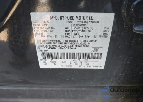 2022 Ford Explorer Timberline z USA, uszkodzony, nr VIN 1FMSK8JH7NGC27640